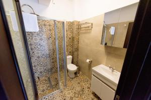 a bathroom with a shower and a toilet and a sink at Casa Huber in Sighetu Marmaţiei