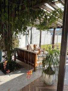 una bañera de madera en un patio con plantas en Casa e espaço para festas - Espaço Maréas, en São Francisco do Sul