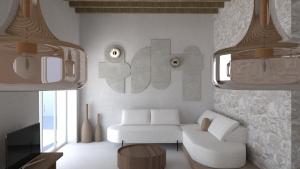sala de estar con sofá blanco y silla en Fos Collection Villas & Residences, en Platis Yialos Sifnos
