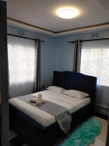 uma cama num quarto com paredes e janelas azuis em Greenstar Homes em Kisii