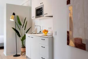 cocina blanca con fregadero y planta en Suites Maestranza Santas Patronas - Penthouse with jacuzzi and parking, en Sevilla