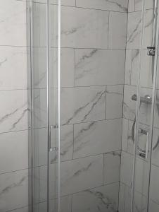 een badkamer met een douche en marmeren muren bij Ferienhaus Waldblick im Erzgebirge in Jahnsdorf