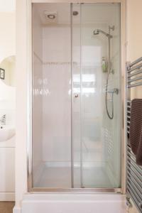 a shower with a glass door in a bathroom at Riverside Bothy In Heart of Scenic Harbour Village in Solva