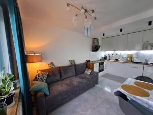 a living room with a couch and a kitchen at Apartament Morze i Las in Mrzeżyno