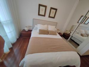 1 dormitorio con 1 cama grande y 2 almohadas en Habitación con baño privado en el centro de Bilbao, en Bilbao