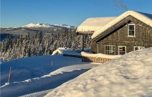 a house covered in snow with mountains in the background at Stunning Home In Nord Torpa With Wifi in Nord Torpa