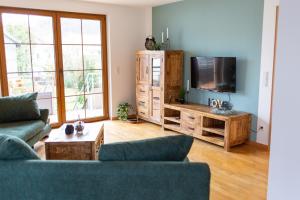 TV a/nebo společenská místnost v ubytování BEST STAY Haus Martina im Herzen der Rhön - 3 einzelbuchbare moderne Wohnungen für 2-8 Personen, Terrasse, Balkon, Garten, Ski und E-Bike Keller, Lounge, freies Wlan, familienfreundlich
