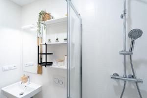 a bathroom with a shower and a sink at Cosy Apartment Koliste 25 in Brno