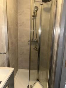 La salle de bains est pourvue d'une douche avec une porte en verre. dans l'établissement Modern studio flat in Romford, à Havering atte Bower