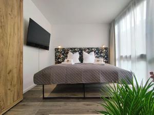 een slaapkamer met een bed en een tv aan de muur bij Design-Apartment für bis zu 4 im 1 OG, modern, Dachterrasse, Grill, ruhige Lage, Disney plus, Wii, LAN und WLAN in Neurenberg