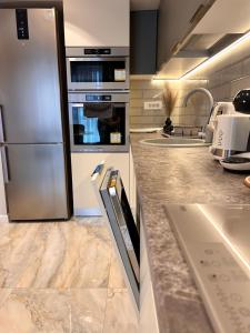 a kitchen with a stainless steel refrigerator and appliances at Elegance in Bucharest