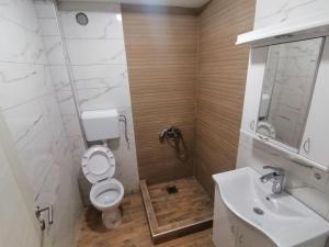 La salle de bains est pourvue de toilettes et d'un lavabo. dans l'établissement Apartmani Mia, à Kraljevo