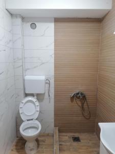 La salle de bains est pourvue d'une douche et de toilettes. dans l'établissement Apartmani Mia, à Kraljevo