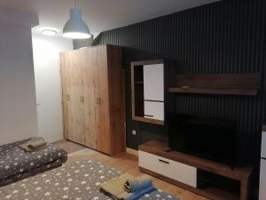 a living room with a flat screen tv and a bed at Apartman Ena in Kraljevo