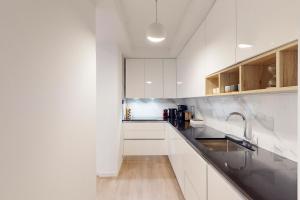 una cocina blanca con armarios blancos y fregadero en Loft Victor Hugo 73 Fshh en Niza