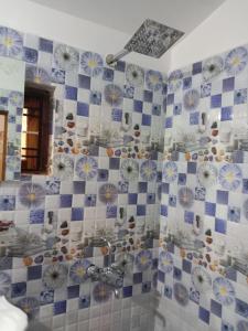 a bathroom with a shower with blue and white tiles at RED HOUSE - AGONDA BEACH in Agonda