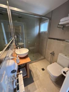 a bathroom with a sink and a toilet and a shower at Departamento completo en San Carlos de Bariloche, Argentina in San Carlos de Bariloche