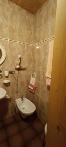a small bathroom with a sink and a toilet at Pizzeria Marmolada Camere in Sottoguda