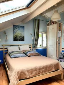 a bedroom with a large bed with blue walls at Chambres & Table d'hôtes La Bordelaise in Cenon