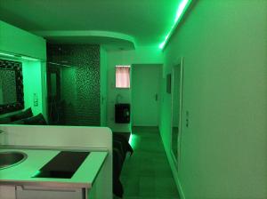 een groene kamer met een badkamer met een wastafel bij Village Naturiste Studio Luxe in Cap d'Agde +2 foto's