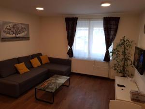 a living room with a couch and a window at Zagreb apartment in Zagreb