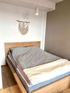 1 dormitorio con 1 cama con percha en la pared en Downtown Suite, en Helsinki