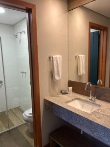 bagno con lavandino, servizi igienici e specchio di Quinta Santa Bárbara a Pirenópolis