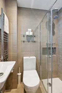 La salle de bains est pourvue de toilettes et d'une douche en verre. dans l'établissement Golden Square, à Londres
