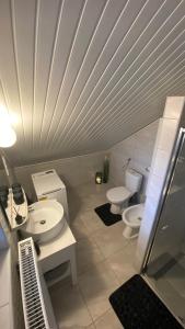 a bathroom with two sinks and two toilets at Sweet Home Apartman in Balatonfüred +20 photos