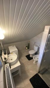 バラトンフレドにあるSweet Home Apartmanのバスルーム(洗面台2つ、トイレ2つ付)