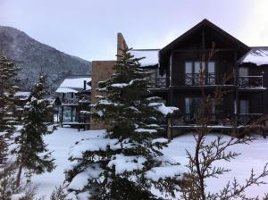 un lodge en la nieve con árboles nevados en AMANCIO Hotel & Cabañas en Villa Meliquina