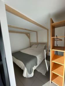 ein kleines Schlafzimmer mit einem Bett und einem Bücherregal in der Unterkunft Le Clos des Eaux in Tailly