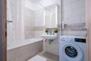 ein Badezimmer mit einer Waschmaschine und einem Waschbecken in der Unterkunft Fox Premium Apartment & Free Private Parking in Budapest