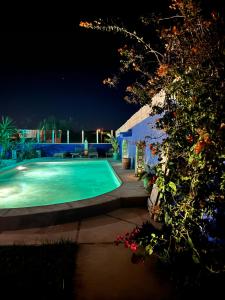 - une piscine dans une cour la nuit dans l'établissement Villa aloe vera, à Essaouira