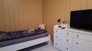 a bedroom with a television and a dresser with a bed at Apollo Pension und Saalvermietung 