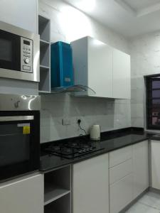 een keuken met witte kasten en een fornuis met oven bij Luxury apartments in Ibadan