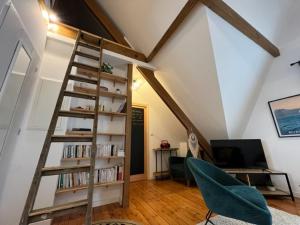 a living room with a book shelf and a ladder at Le nid in Le Pouliguen