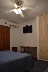 Schlafzimmer mit einem Deckenventilator, einem Bett und einem TV in der Unterkunft Hotel Posta Arroyito in Arroyito Challacó