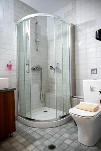 y baño con ducha, aseo y lavamanos. en Deisisroom nafplio Afroditi, en Nauplia