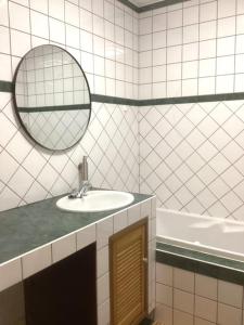 a bathroom with a sink and a mirror and a tub at Appartement Mac Auliffe in Bastogne