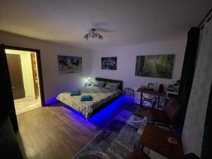 Un dormitorio con una cama con luces azules. en Alio Room Campulung Moldovenesc, en Câmpulung Moldovenesc