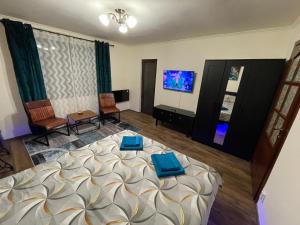 1 dormitorio con 1 cama y TV de pantalla plana en Alio Room Campulung Moldovenesc, en Câmpulung Moldovenesc