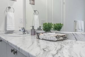 a bathroom counter with a sink and a mirror at Custom Build 5 Bedroom Villa (Ski Resort) in Midhurst