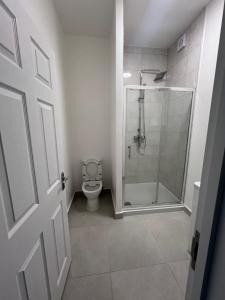 a bathroom with a shower and a toilet at London Homes in London