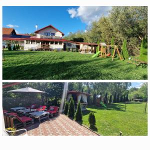 two pictures of a backyard with a house and a playground at Casa langa rau in Bran