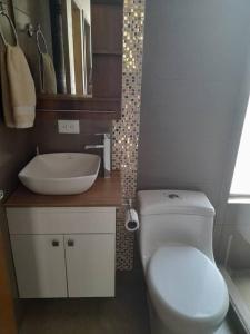 a bathroom with a white toilet and a sink at Moderna casa vacacional en Baños in Juivi