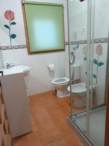 een badkamer met een toilet, een wastafel en een douche bij Gran Cabaña Falaguera in Bárig