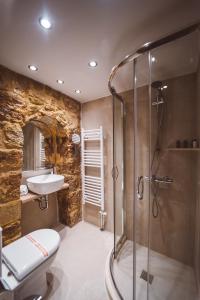 a bathroom with a shower and a sink at Afanos Guesthouse in Arachova