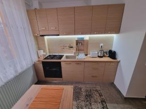 a small kitchen with wooden cabinets and a sink at Apartament Ultracentral Suceava in Suceava