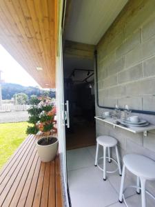 a porch with a sink and a pot with a plant at Container Guesthouse - 2 in Urubici